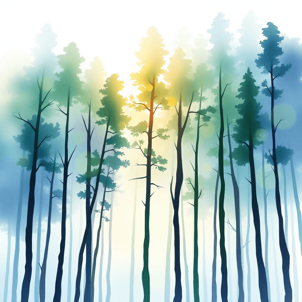 A serene watercolor painting of a misty forest, designed as a phone wallpaper. Tall, slender trees with indistinct edges rise from the bottom of the frame, their trunks fading into a soft fog. The color palette is soft and dreamy, with various shades of green blending into blues and purples. Dappled sunlight filters through the canopy, creating spots of warm yellow and orange. The top of the image transitions into a pale, watery sky. The style is loose and flowing, with visible brush strokes and paint splatters, embracing the organic nature of watercolor techniques.